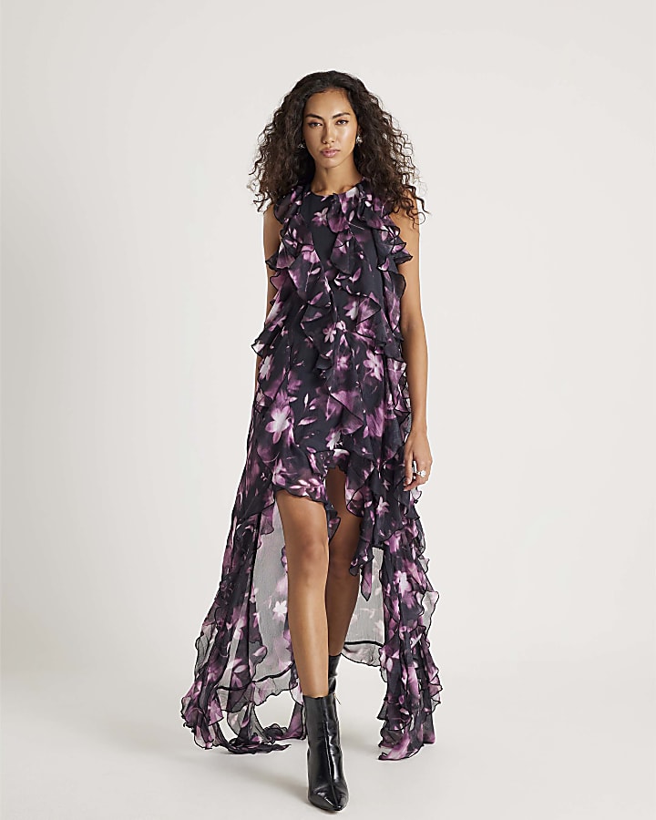 Black floral ruffle maxi dress