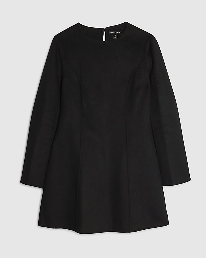 Black Premium Wool Blend Belted Skater Dress