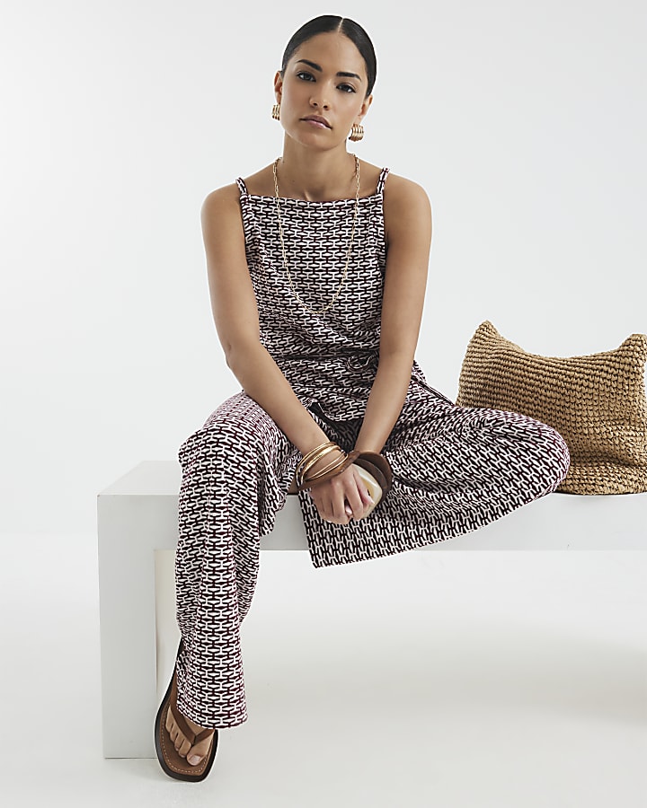 Petite Red Geometric Print Wide Leg Trousers