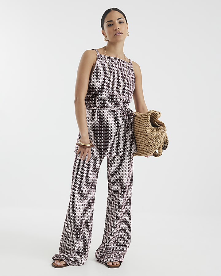 Petite Red Geometric Print Wide Leg Trousers