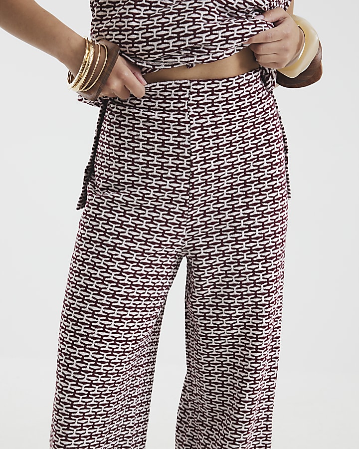 Petite Red Geometric Print Wide Leg Trousers
