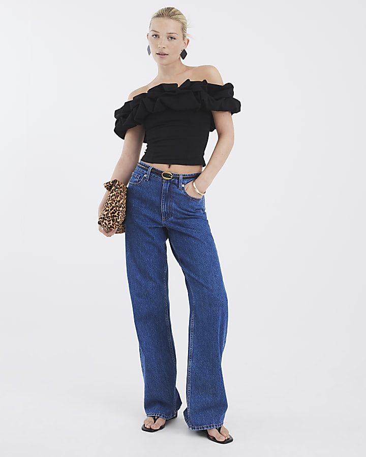 Black Short Sleeve Ruffle Bardot Top