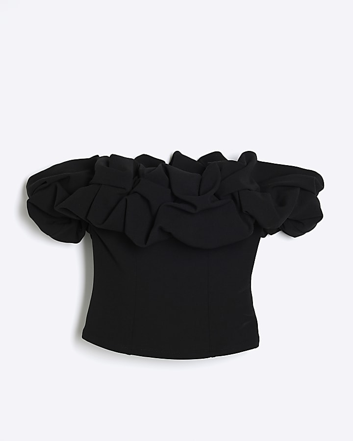 Black Short Sleeve Ruffle Bardot Top