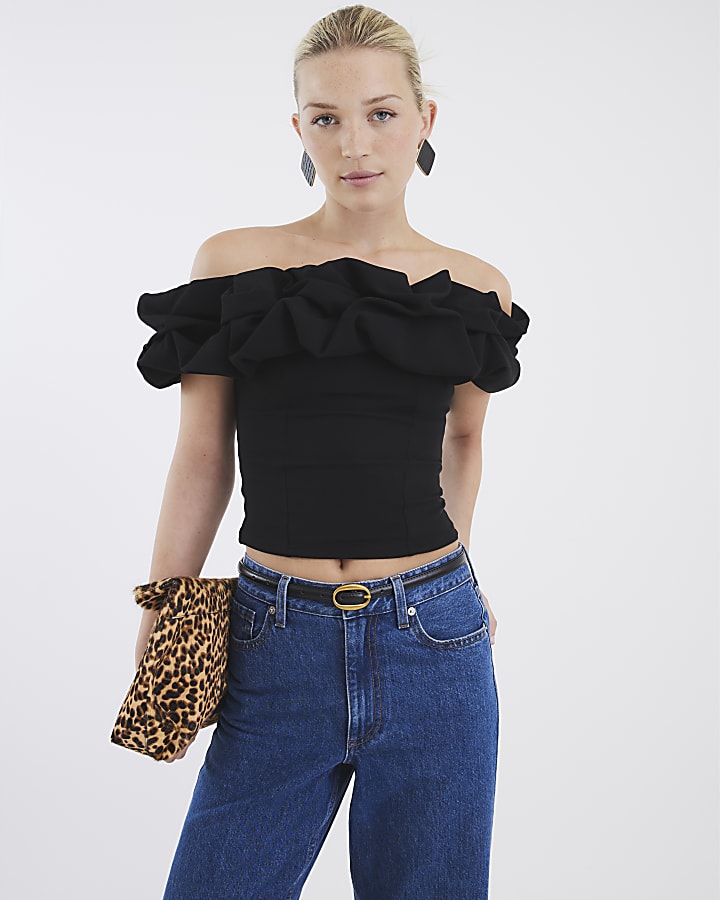 Black Short Sleeve Ruffle Bardot Top
