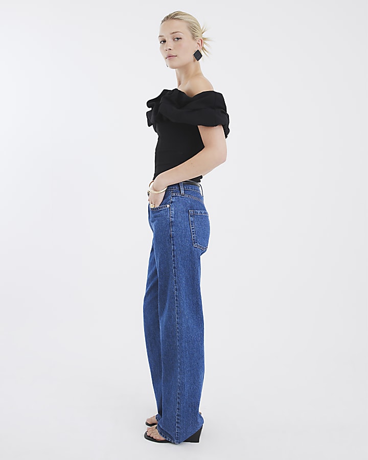 Black Short Sleeve Ruffle Bardot Top