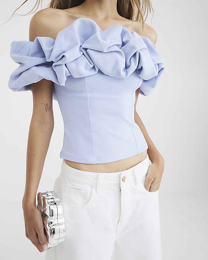 Blue Ruffle Bardot Top