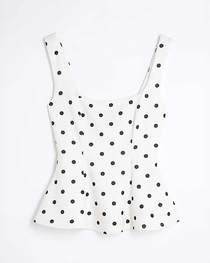 Cream Polka Dot Sleeveless Peplum Panel Top