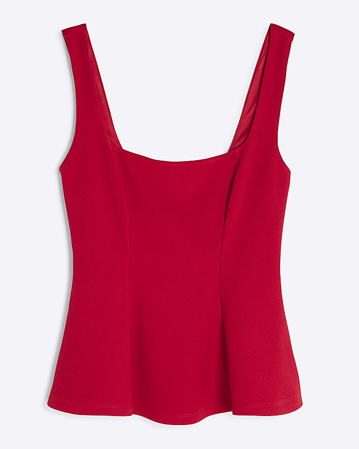 Red Sleeveless Peplum Panel Top