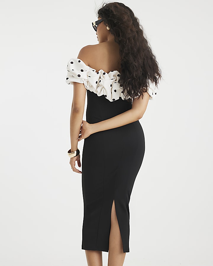 Black Ruffle Bardot Midi Dress