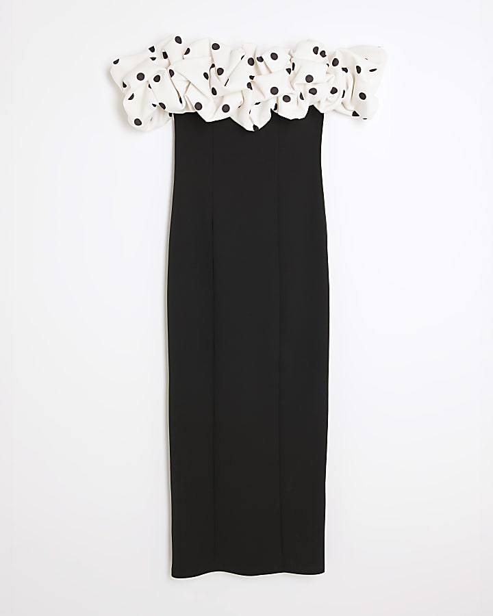 Black Ruffle Bardot Midi Dress