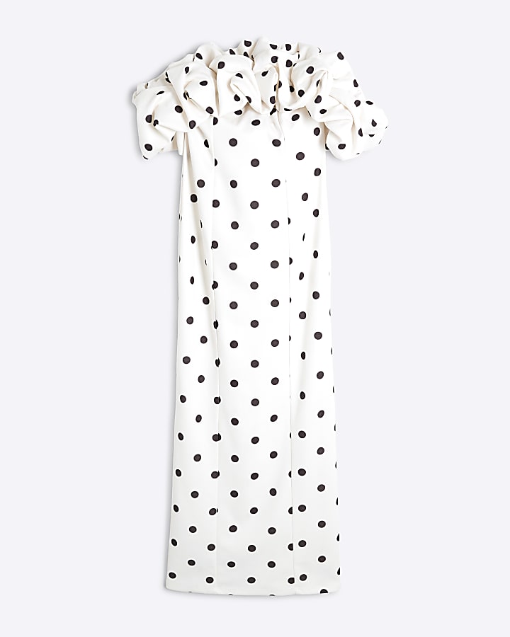 Cream Polka Dot Ruffle Bardot Midi Dress