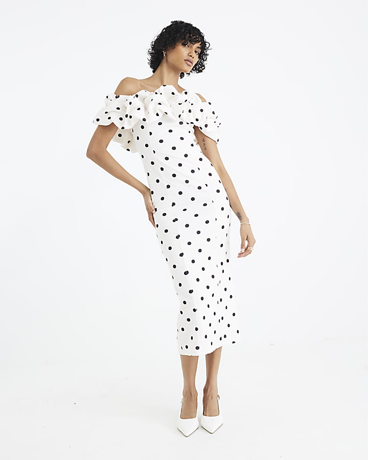 Cream Polka Dot Ruffle Bardot Midi Dress