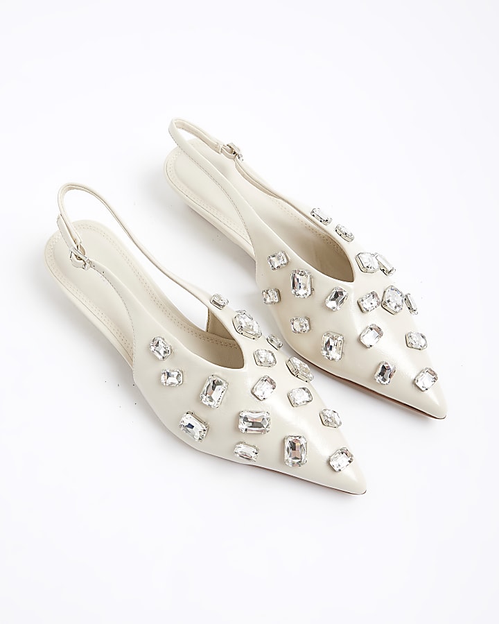 Cream Rhinestone Pointed Slingback Shoes