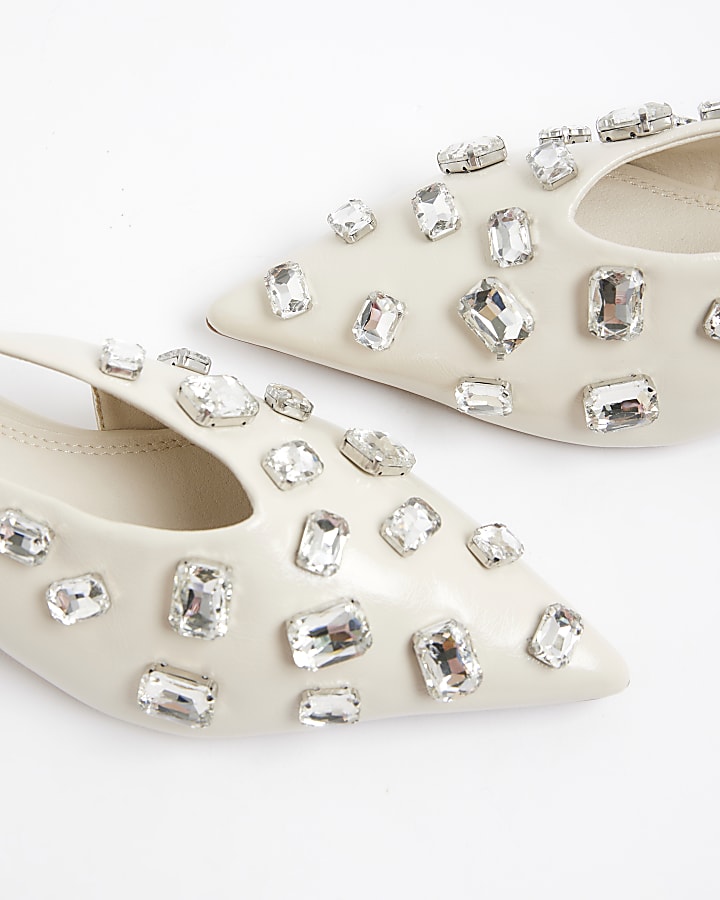 Cream Rhinestone Pointed Slingback Shoes