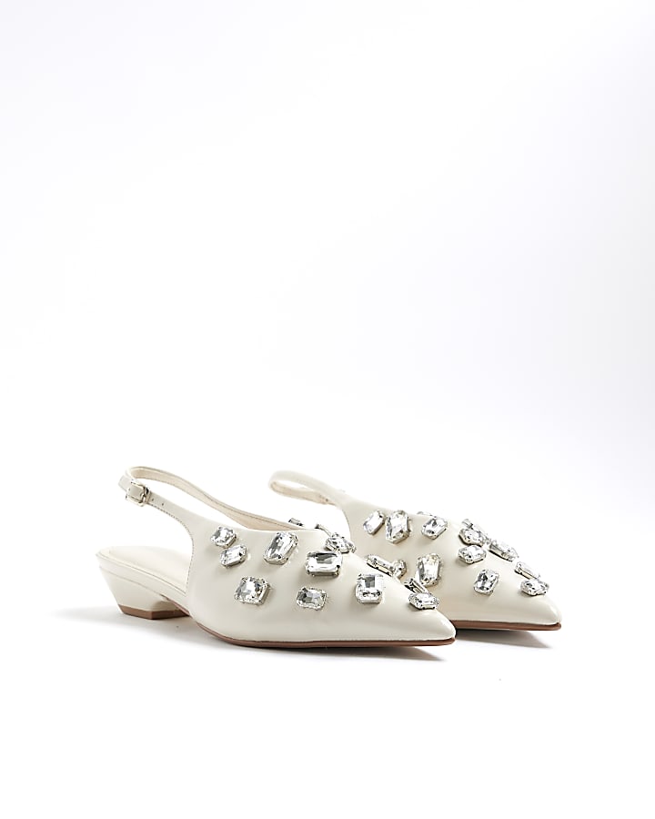 Cream Rhinestone Pointed Slingback Shoes
