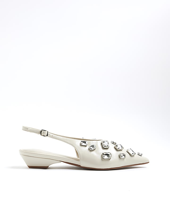 Cream Rhinestone Pointed Slingback Shoes