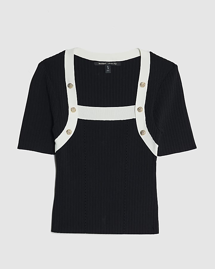 Black Knit Short Sleeve Button Detail Top