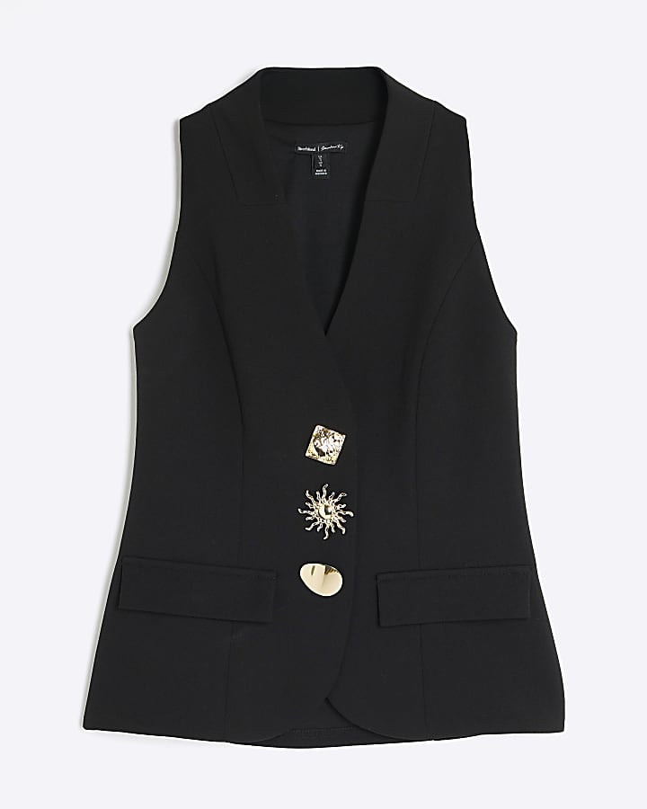 Black Sleeveless Button Detail Waistcoat