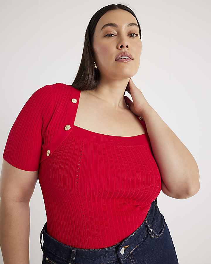 Red Knitted Button Detail Top