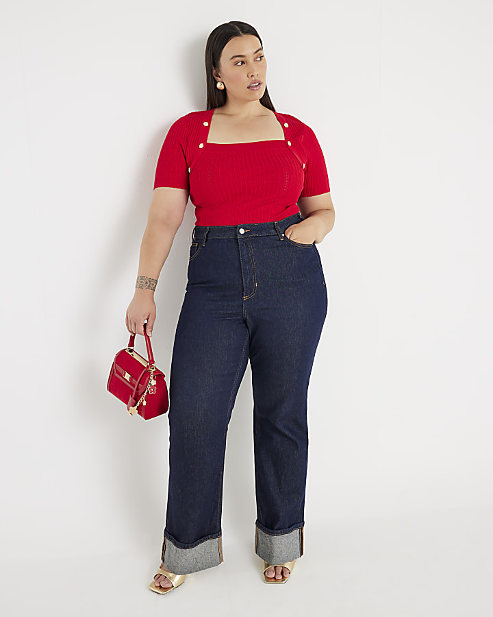Red Knitted Button Detail Top