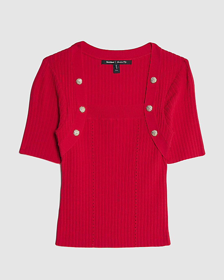 Red Knitted Button Detail Top