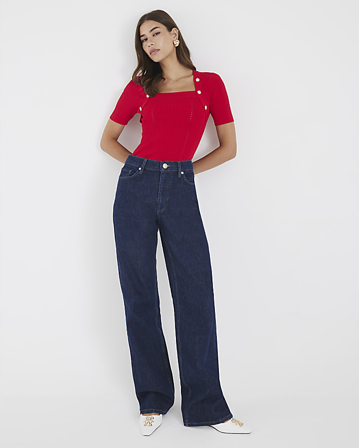 Red Knitted Button Detail Top