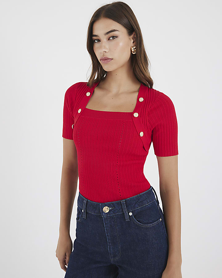 Red Knitted Button Detail Top