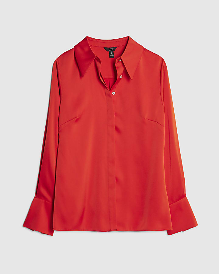 Red Satin Long Sleeve Slim Fit Shirt