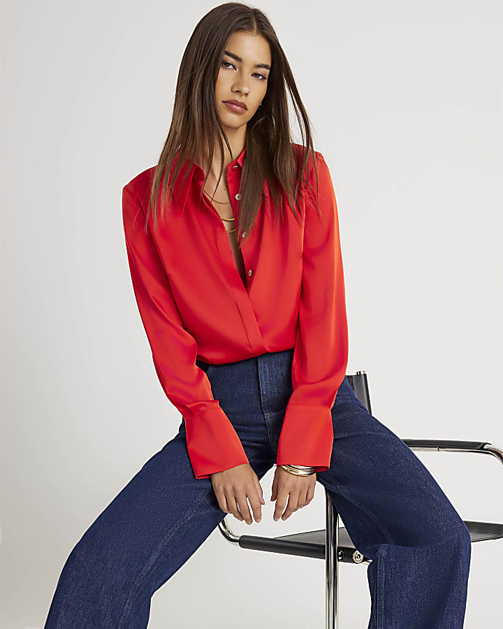 Red Satin Long Sleeve Slim Fit Shirt