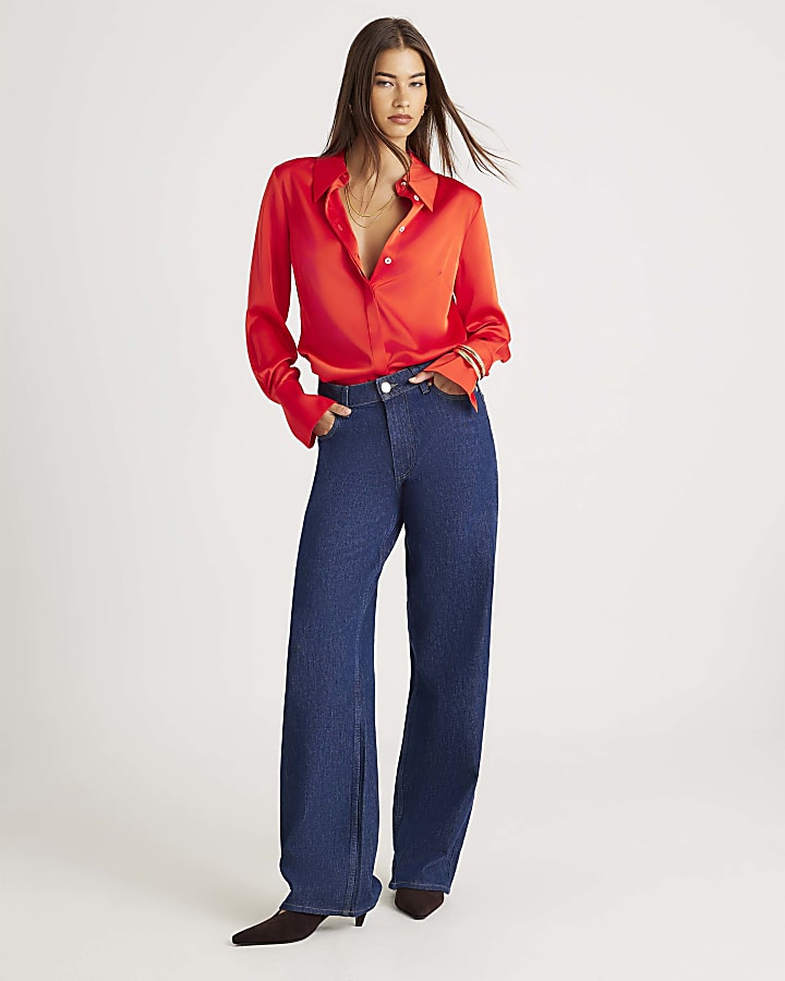 Red Satin Long Sleeve Slim Fit Shirt