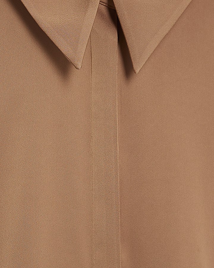 Brown Satin Long Sleeve Slim Fit Shirt