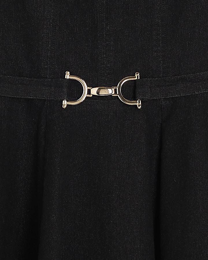 Black Denim Sleeveless Belted Skater Dress