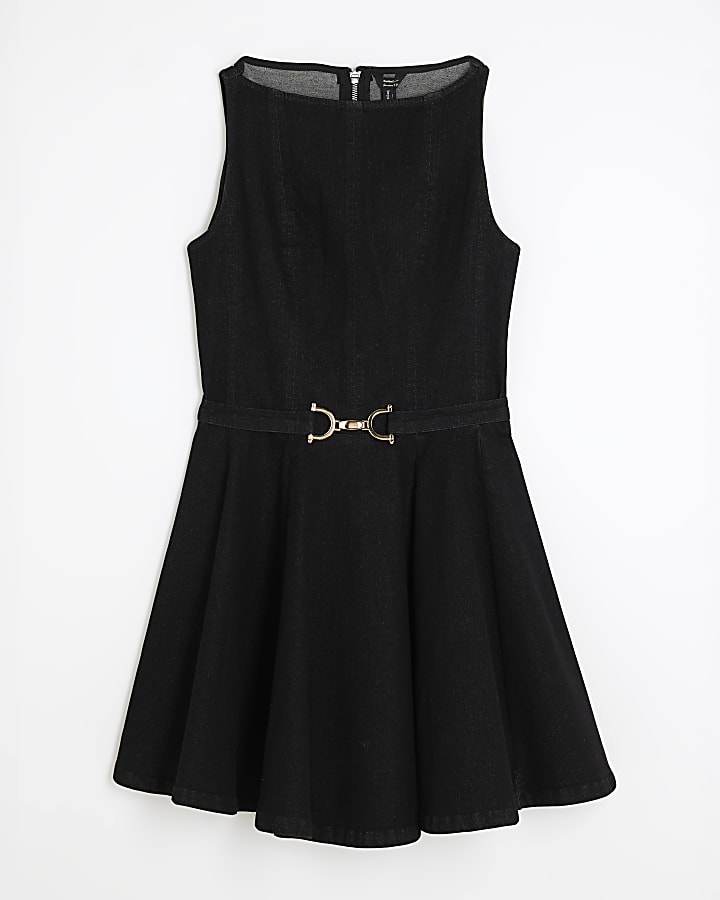 Black Denim Sleeveless Belted Skater Dress