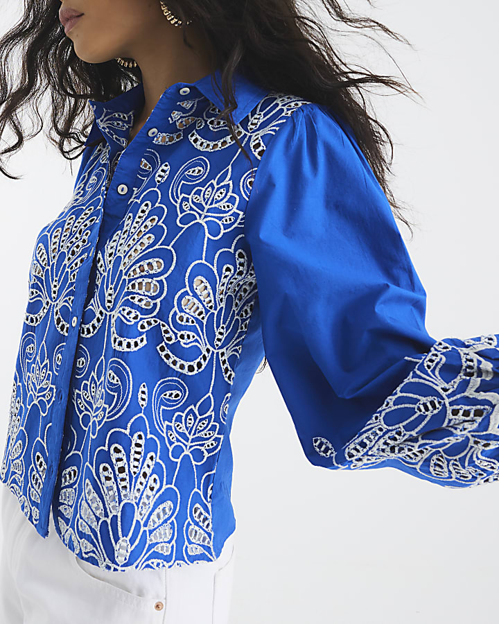 Blue Long Sleeve Cutwork Shirt