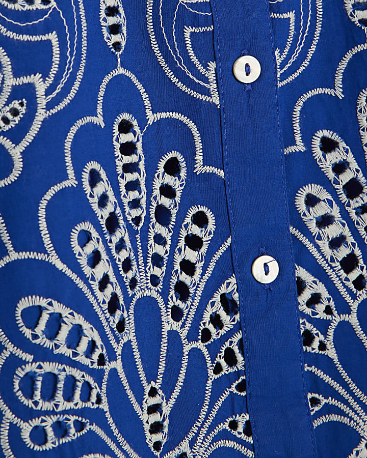 Blue Long Sleeve Cutwork Shirt