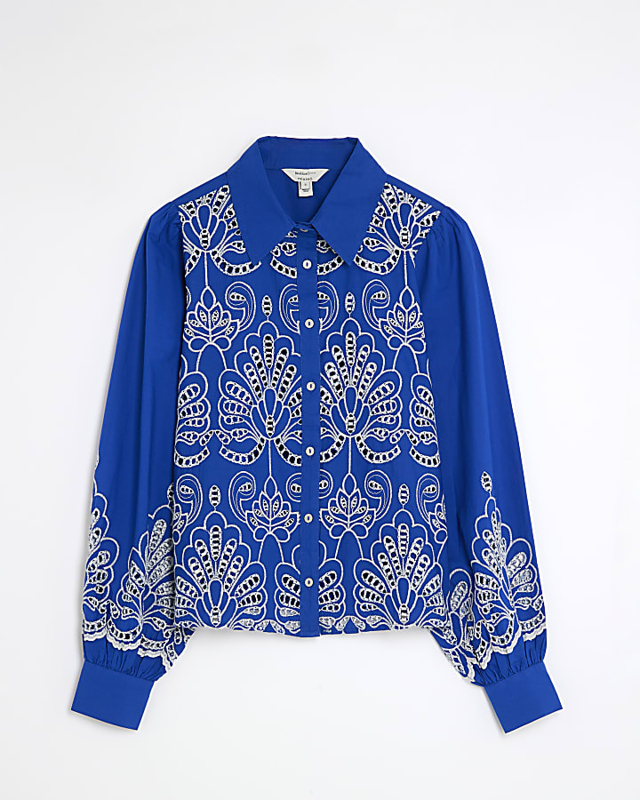 Blue Long Sleeve Cutwork Shirt