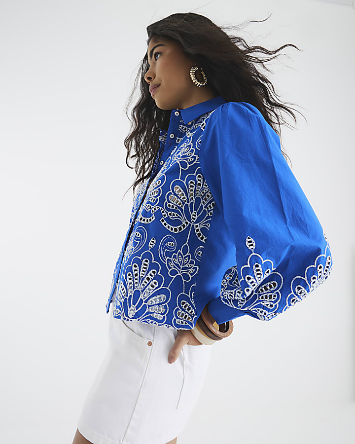 Blue Long Sleeve Cutwork Shirt