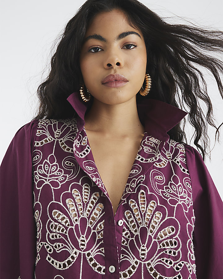 Red Long Sleeve Cutwork Shirt