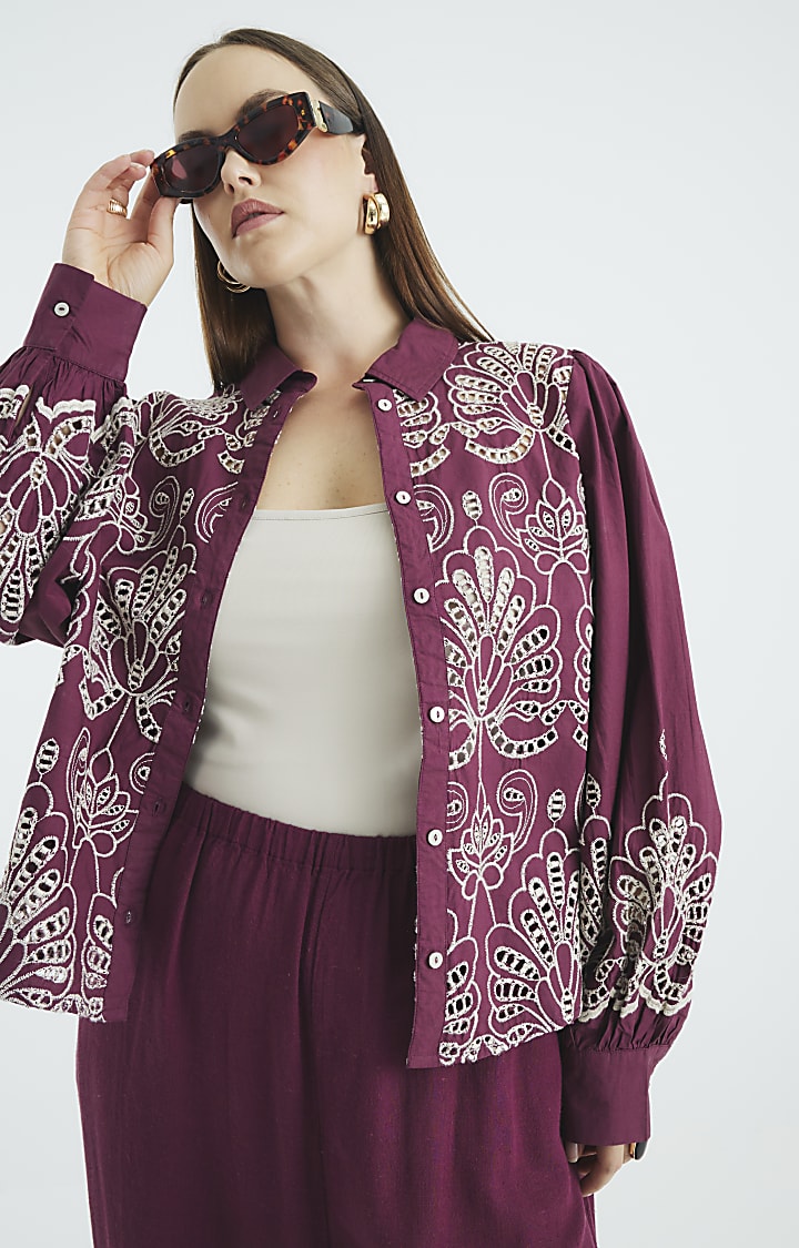 Red Long Sleeve Cutwork Shirt