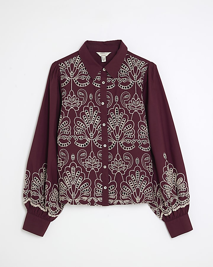 Red Long Sleeve Cutwork Shirt