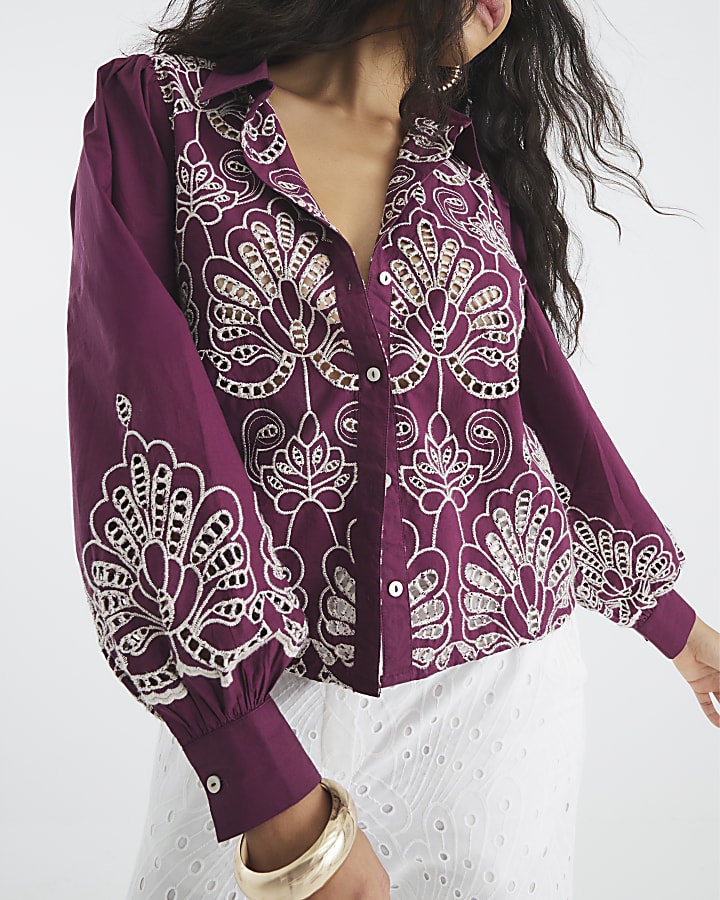 Red Long Sleeve Cutwork Shirt