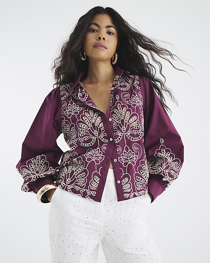 Red Long Sleeve Cutwork Shirt