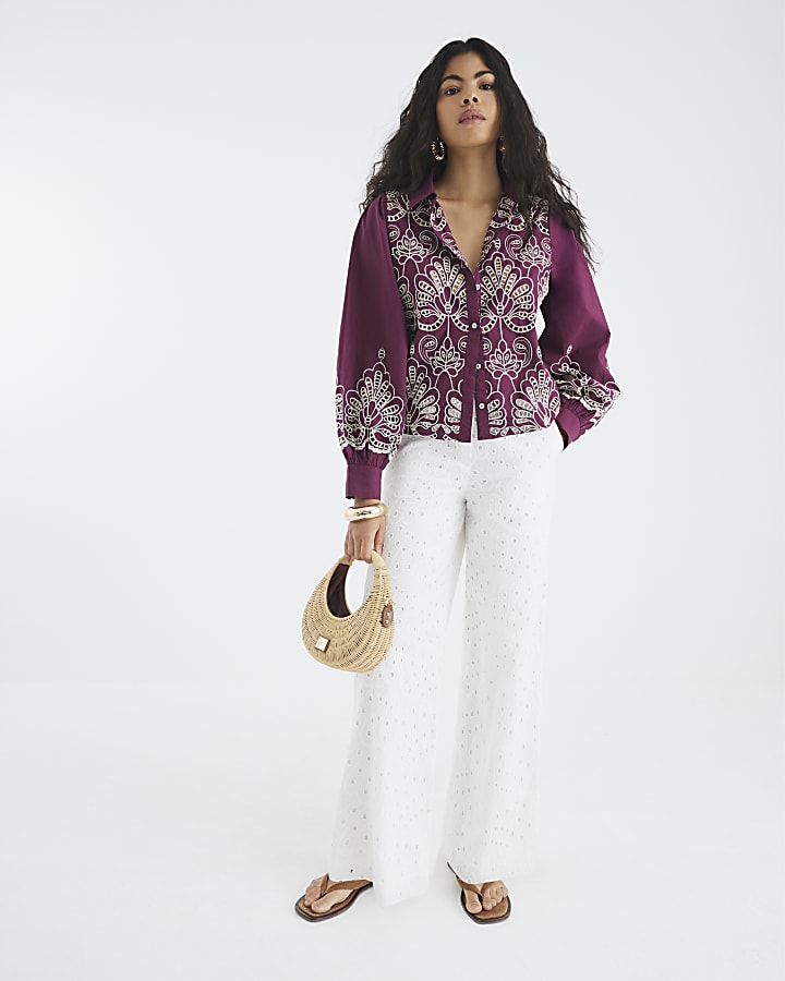 Red Long Sleeve Cutwork Shirt