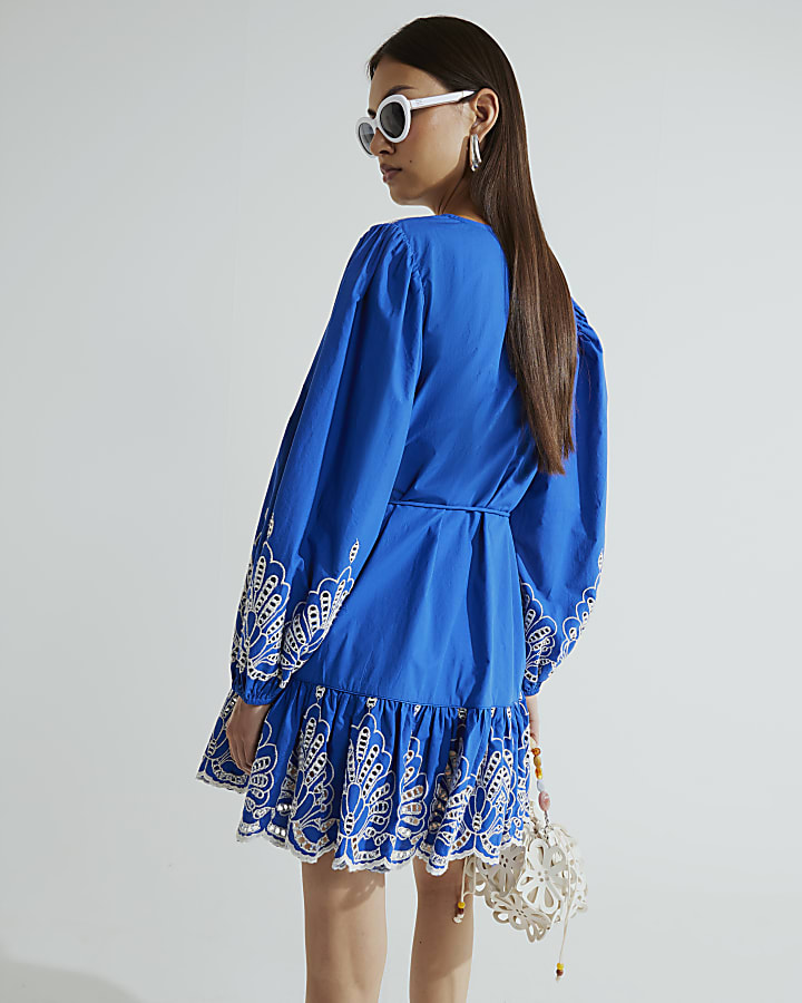 Blue Long Sleeve Poplin Shirt Dress