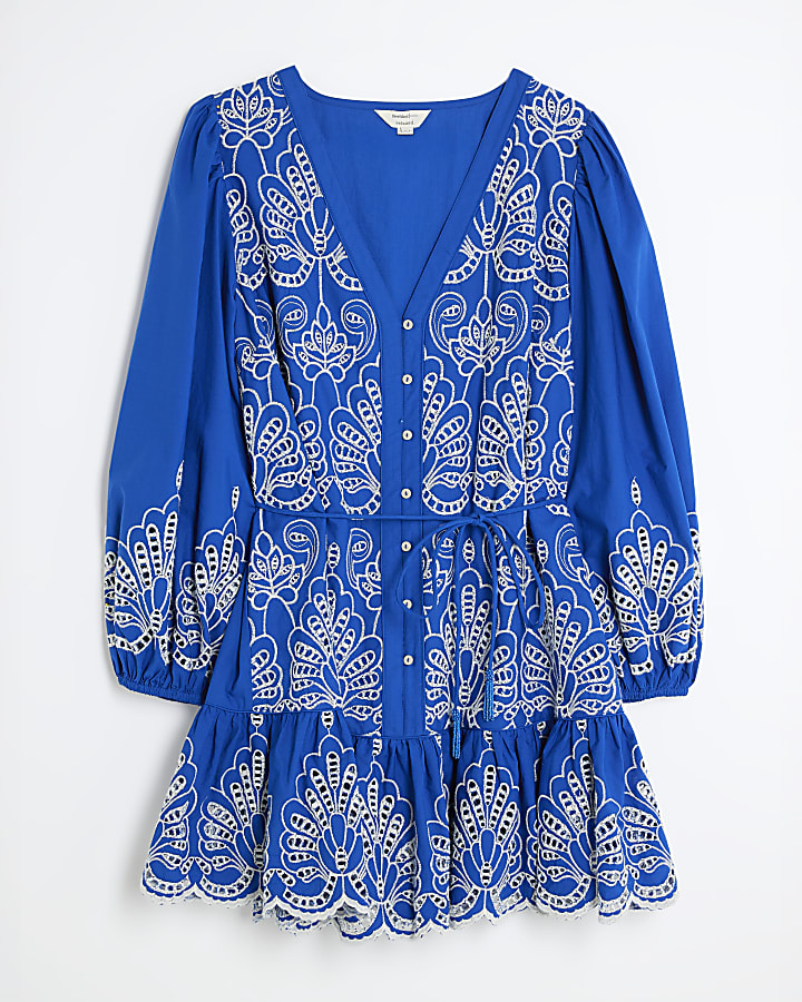 Blue Long Sleeve Poplin Shirt Dress