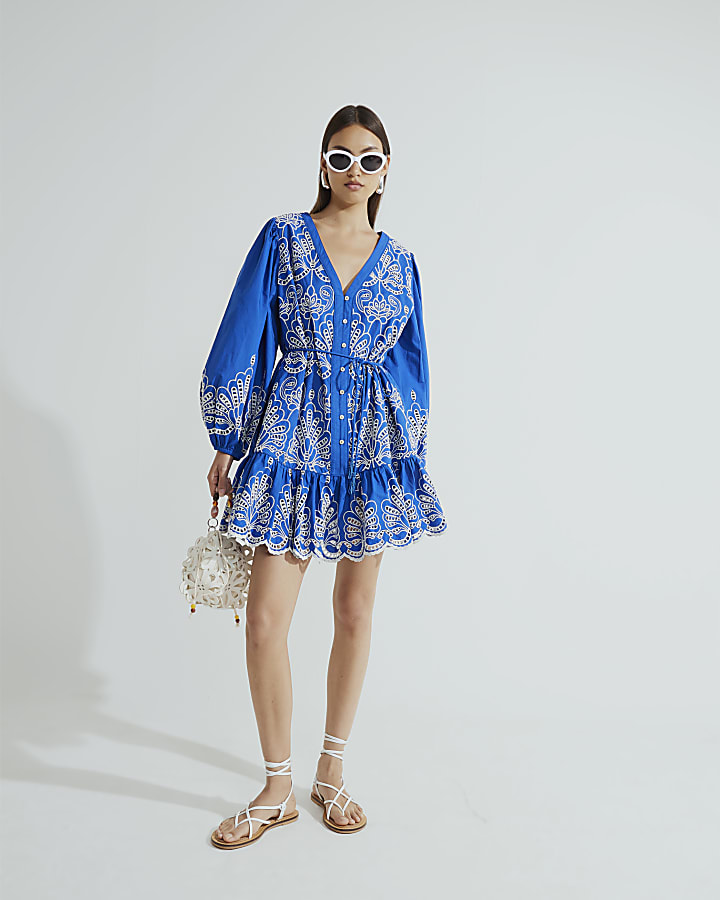 Blue Long Sleeve Poplin Shirt Dress
