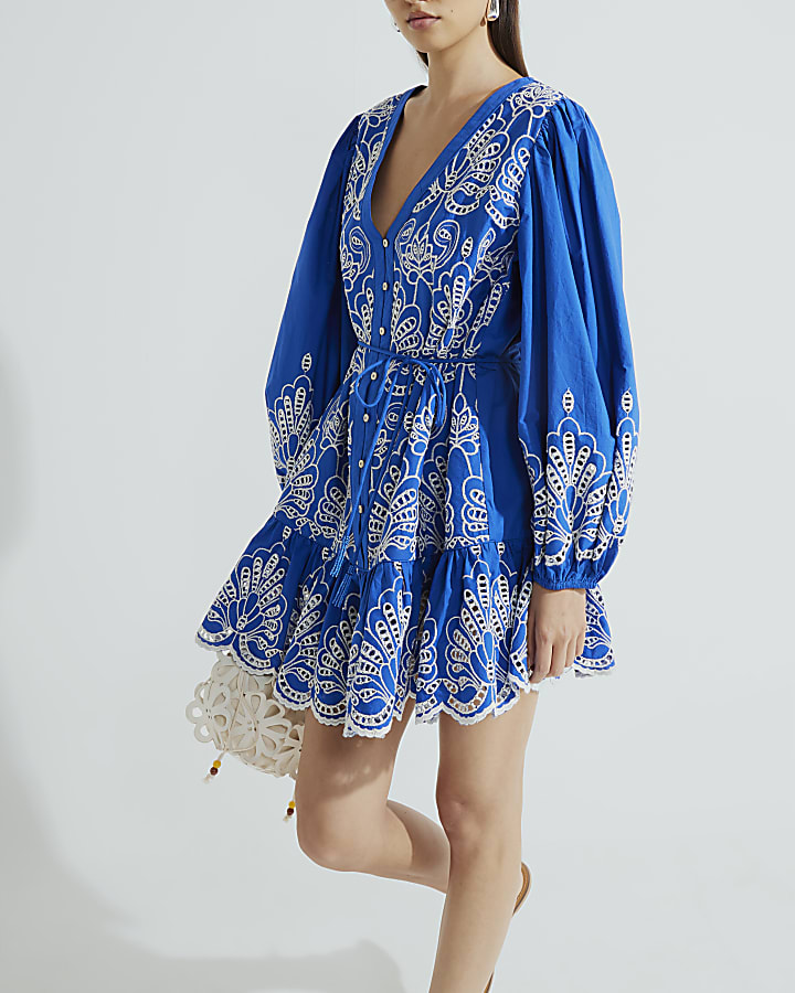 Blue Long Sleeve Poplin Shirt Dress