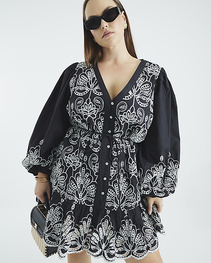 Black Long Sleeve Broderie Shirt Dress