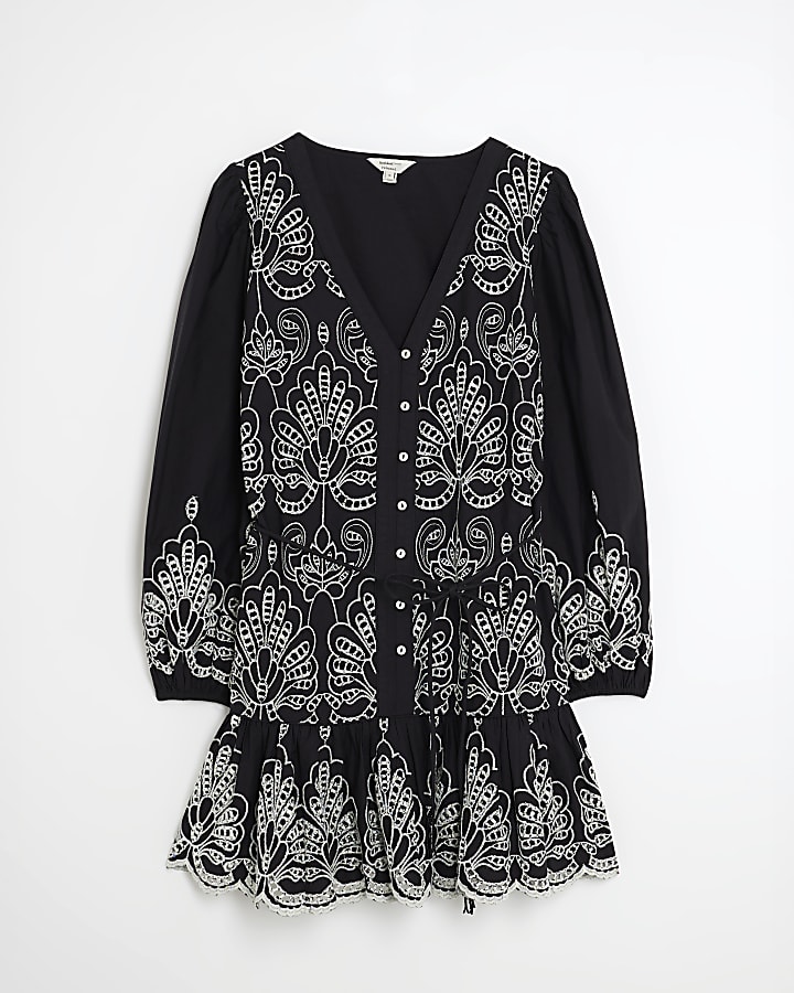 Black Long Sleeve Broderie Shirt Dress