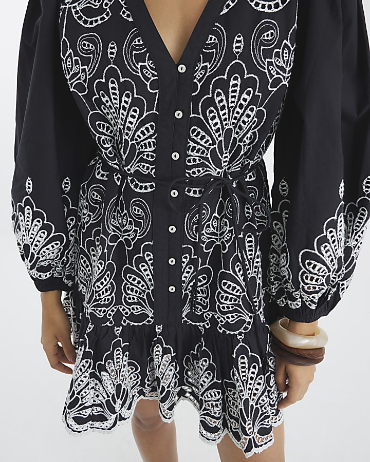 Black Long Sleeve Broderie Shirt Dress
